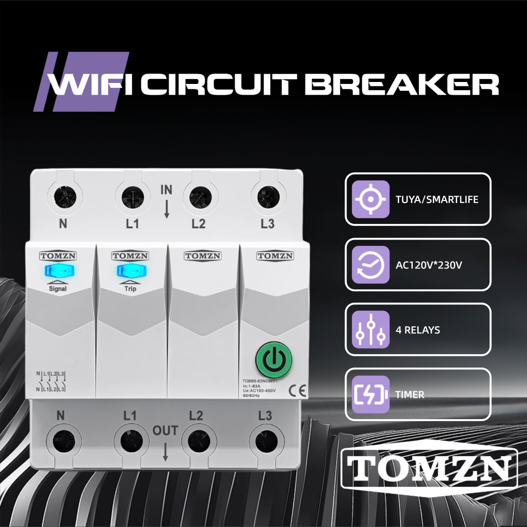 TOMZN TOB9S-63NCWIFI 4P Smart WiFi Circuit Breaker 1-63A 3*120V/230V Cut Off L/N 4 Relays Timer Countdown Relay Status Lock